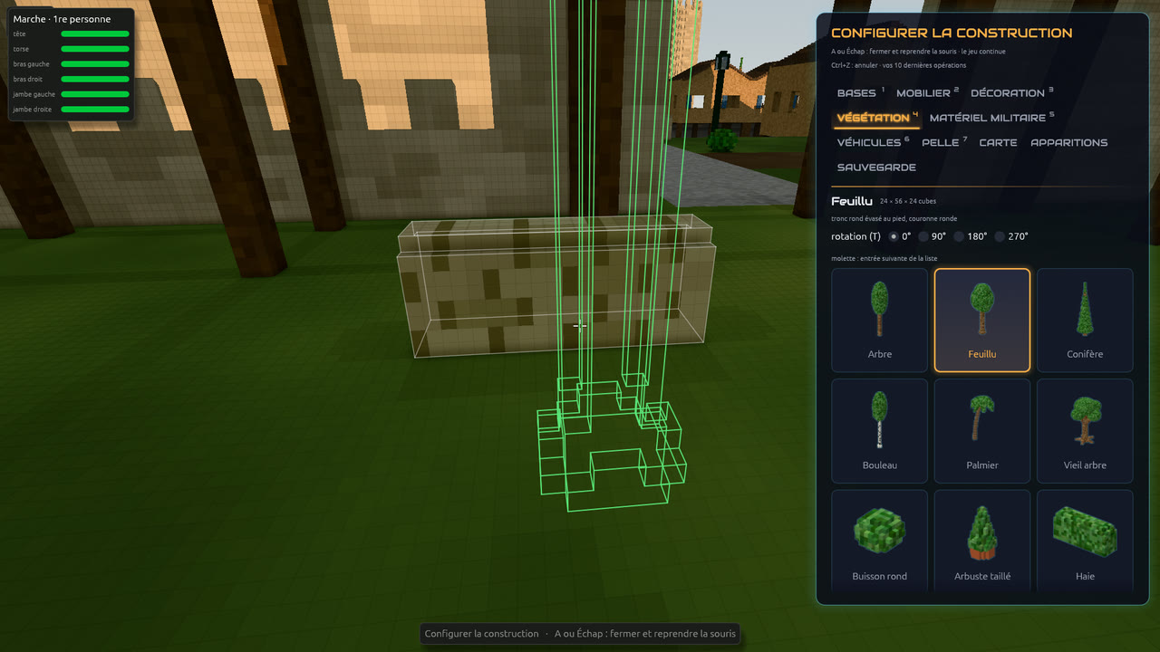 Building mode: the objects panel open on plants, a tree ready to be placed.