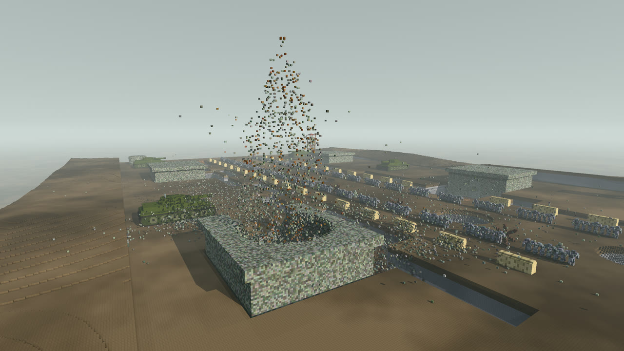 A front-line bunker blown by an impulse explosive: a column of concrete debris rises above the pierced roof.
