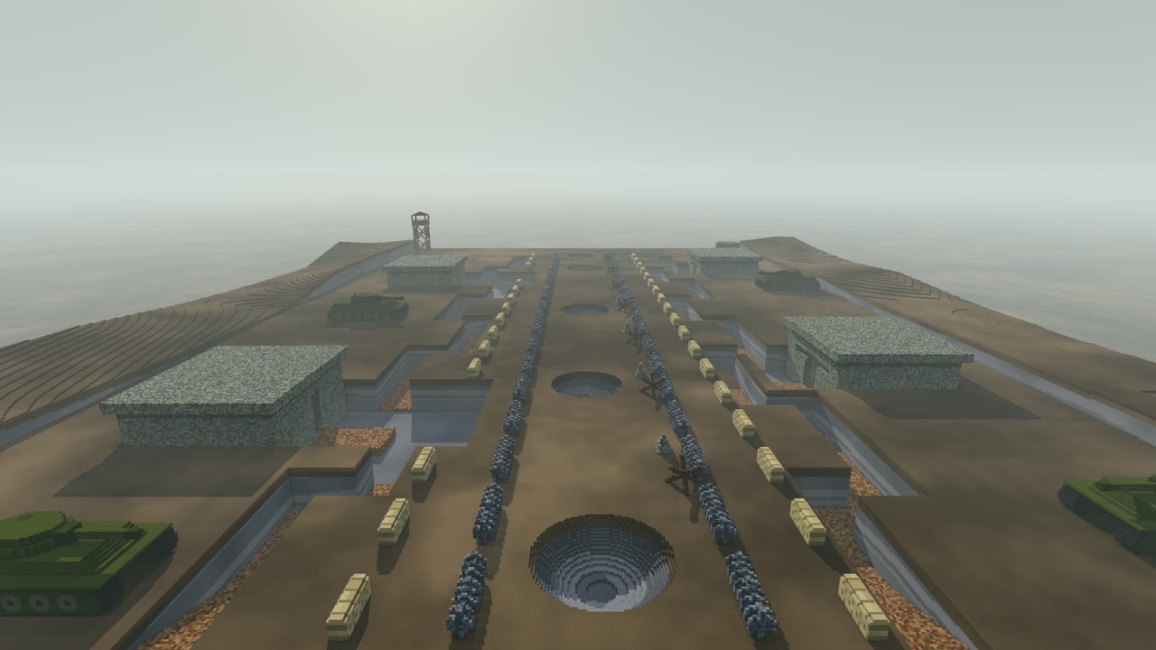 The front: two zigzag trench lines, bunkers, barbed wire, tanks and shell craters.