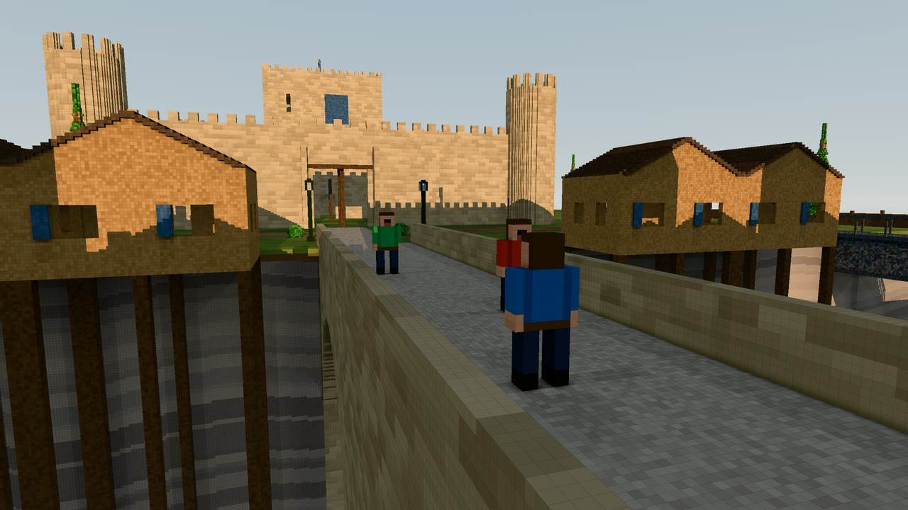 Three players on the stone bridge of the Bridges, in front of the east fortress.