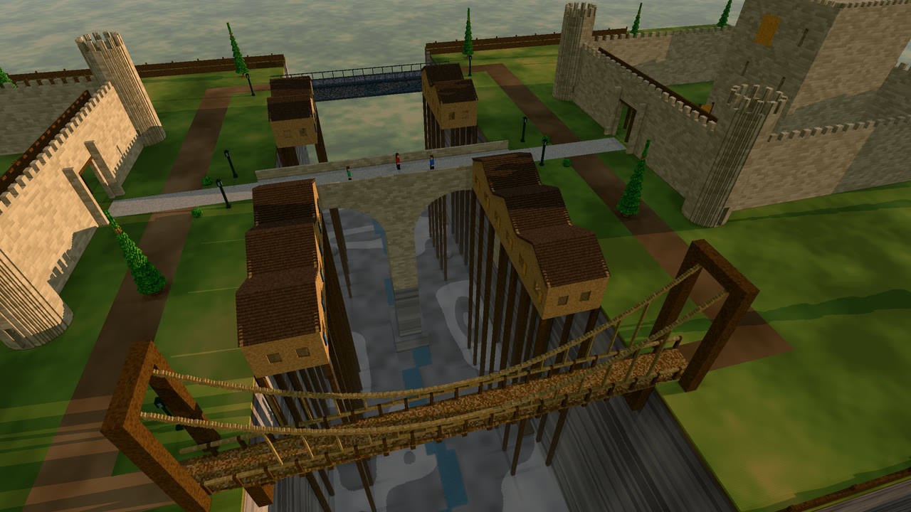 The Bridges seen from above: suspension bridge, stone bridge, steel footbridge, stilt houses and the two fortresses.