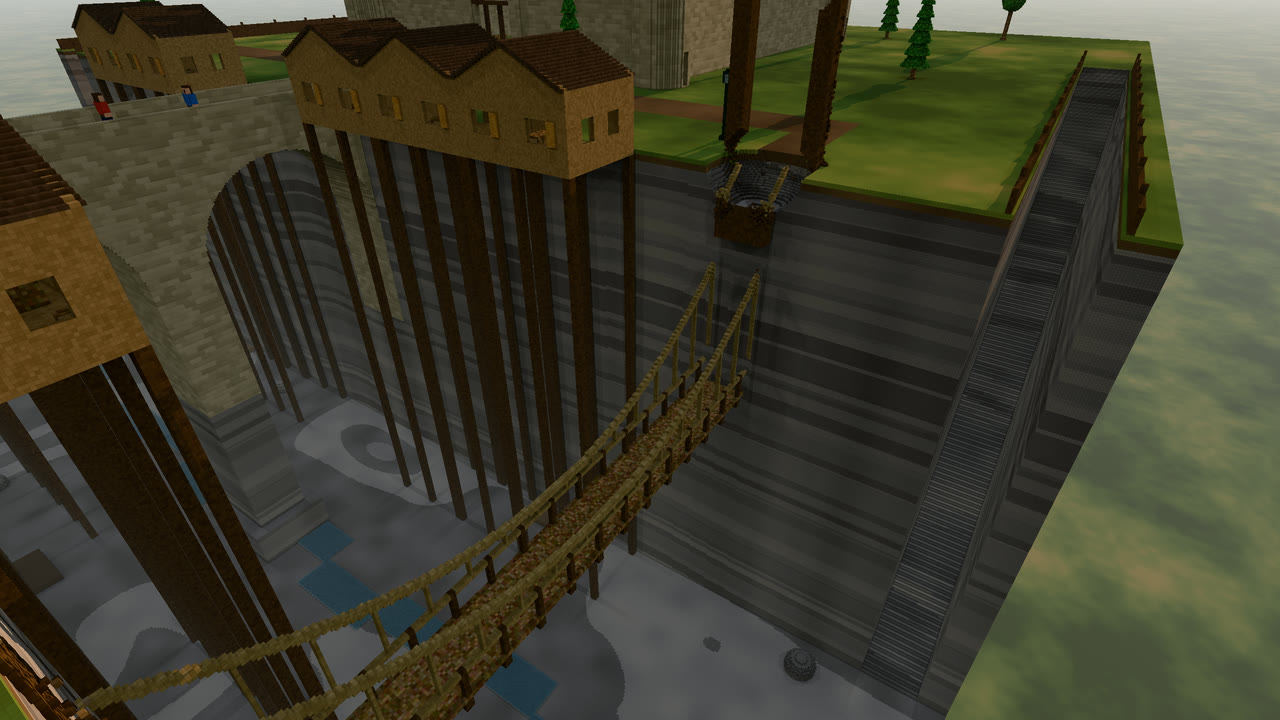 The suspension bridge of the Bridges, cut against the west bank by two black holes, falls into the gorge in one piece.