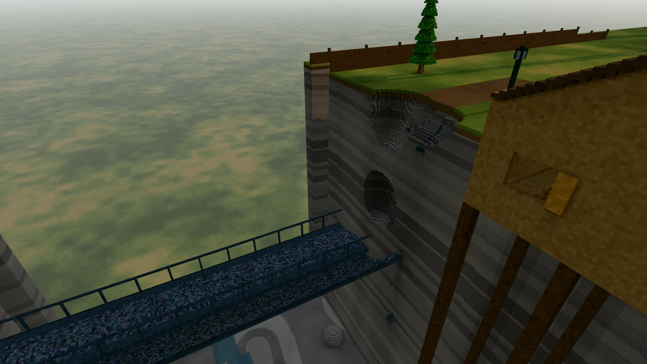 The steel footbridge, cut at one bank, breaks off the other as a cantilever and falls.