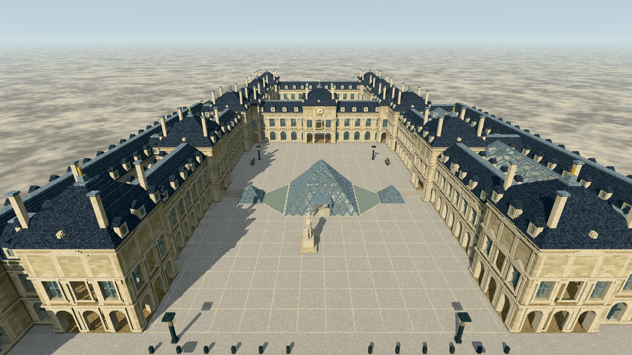 The Louvre's Napoleon Courtyard and its glass pyramid, between the Richelieu and Denon wings.