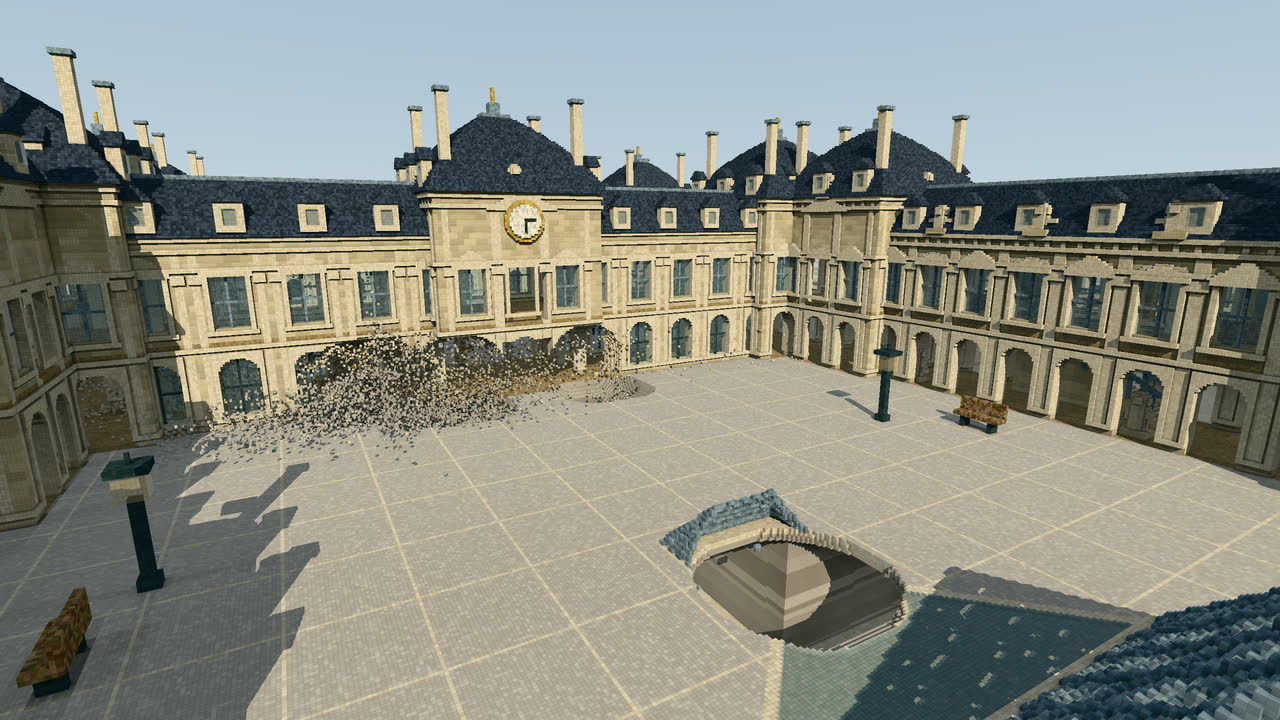 The Louvre's Napoleon Courtyard: three black holes and an impulse explosive open the facade of the Clock Pavilion; a small pyramid is gone.