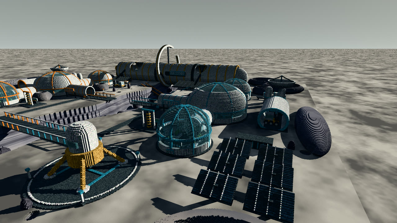 The lunar crater: Selene's habitats, greenhouses, lander and solar panels, with the broken ring of the Odyssey station behind.