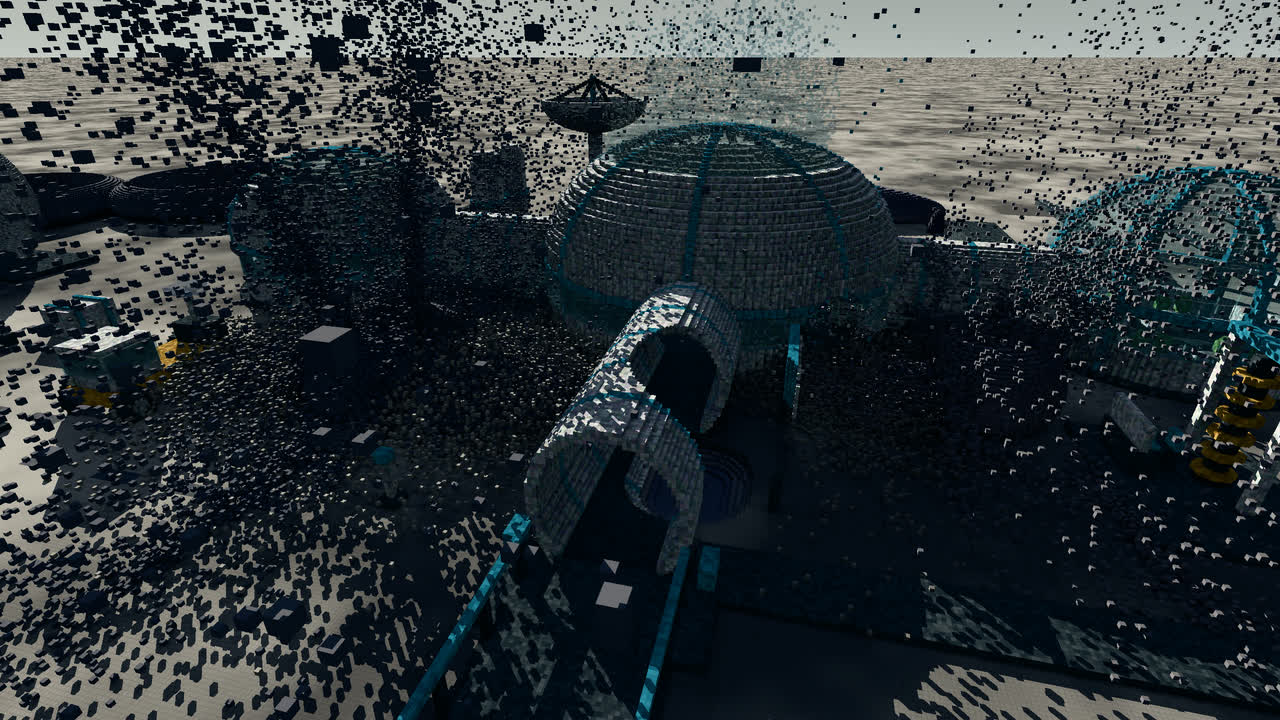 Explosives on the regolith of the Selene base: under lunar gravity, a cloud of debris slowly falls back onto the habitats.