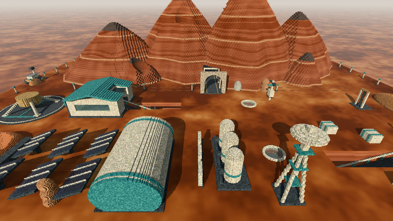 The Martian valley: the Aurora base, its hangar, solar panels and tanks in front of the layered massif.