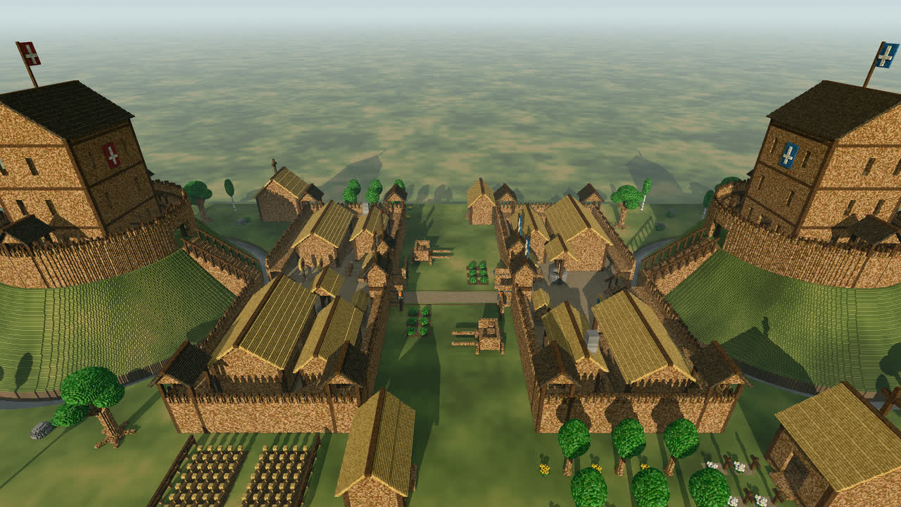 The two motte castles: wooden keeps on their mounds, palisades, halls and baileys of Grenat and Azur.