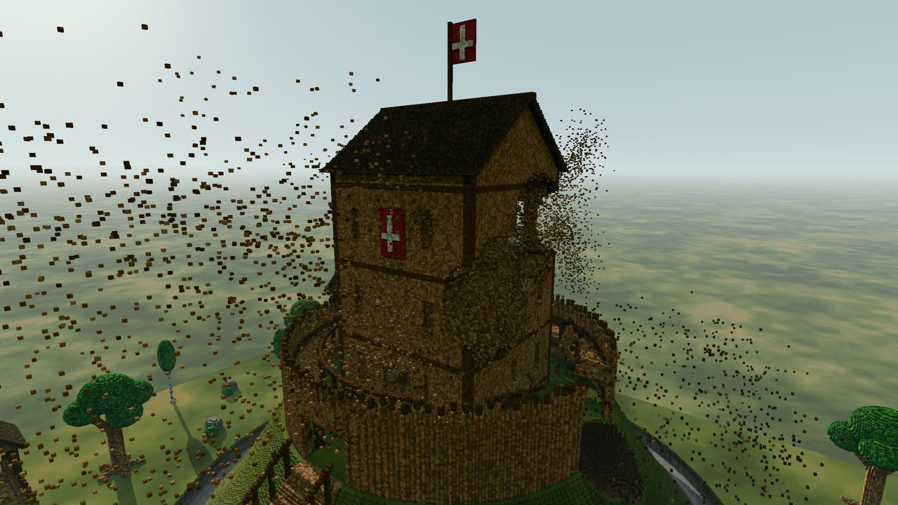 Grenat's wooden keep gutted by a black hole and two impulse explosives, its planks flung into the sky.
