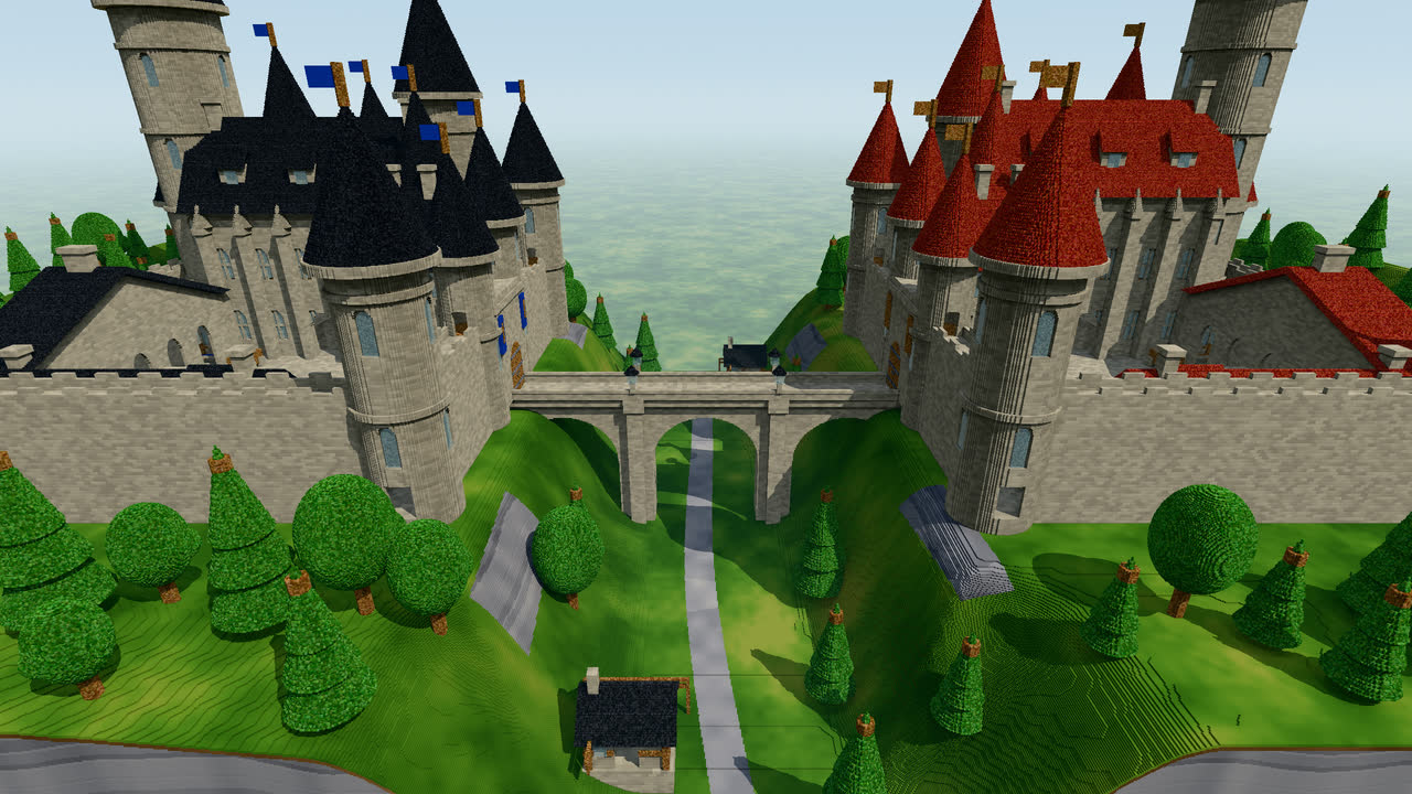 The fortified valley: two castles with red and slate roofs, linked by a three-arch bridge, surrounded by forest.